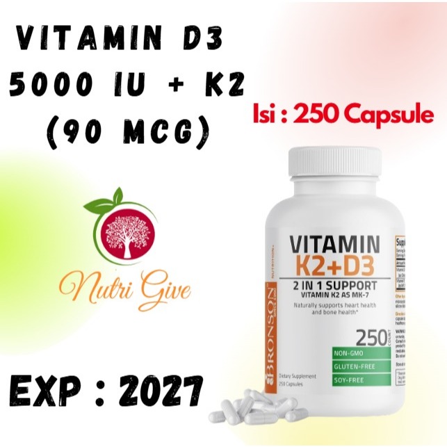 Bronson Vitamin K2 D3 5.000 IU 250 Kapsul Gluten-Free Vitamin D3 K2 5000iu K2 250 Capsule USA