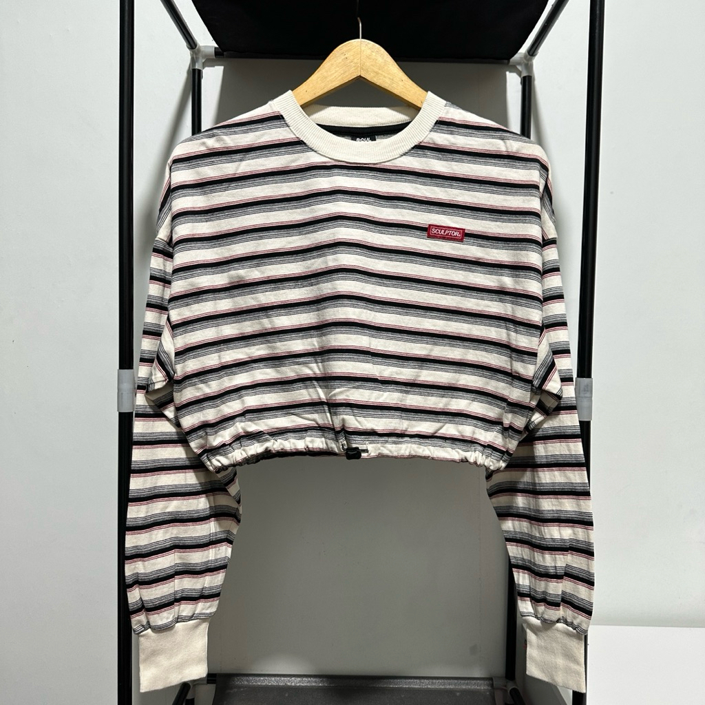 Crop Top Salur Wanita Sculptor Sweatshirt Striped Oversize Atasan Katun Tali Serut