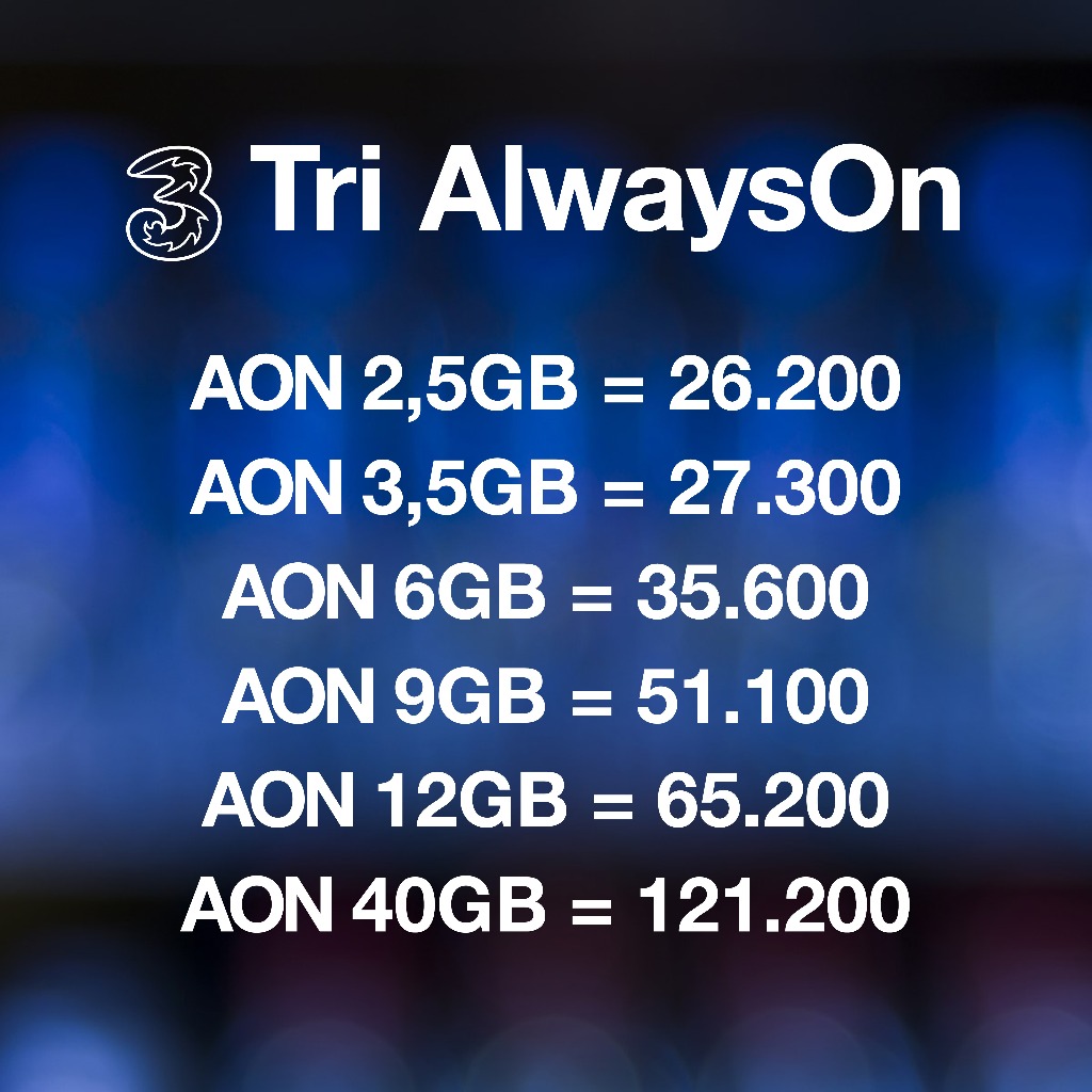 Kuota Tri 3 Three AON 2,5GB 3,5GB 6GB 9GB 12GB 40GB Always On Paket Data Internet Unlimited