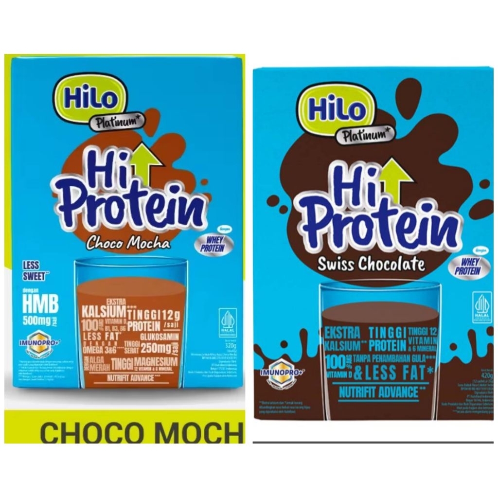 

Hilo platinum Hi-Protein Swiss Chocolate 420 gram dan choco mocha 320 gr