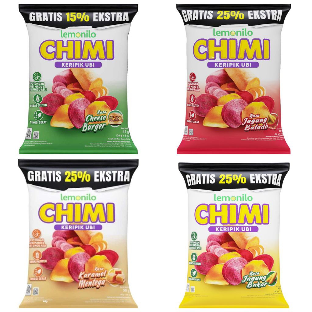 

Lemonilo Chimi Keripik Ubi Rasa Jagung Bakar / Lemonilo Chimi Keripik Ubi Rasa Jagung Balado / Lemonilo Chimi Keripik Ubi Rasa Karamel Mentega / Lemonilo Chimi Keripik Ubi Rasa Cheese Burger