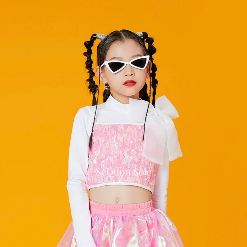 Sequiin Sole Pink White Bow Top Kids Dance Costume/Set Baju Dance Anak Hip Hop/Kpop Pink Pita Putih 