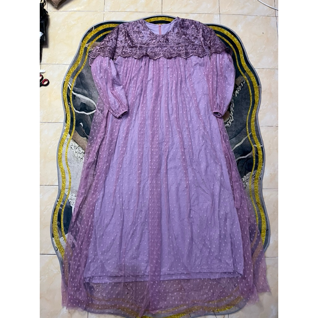 Dress gamis pesta, party, kondangan new brukat mewah mix tile dot mutiara timbul LD 100 panjang 140