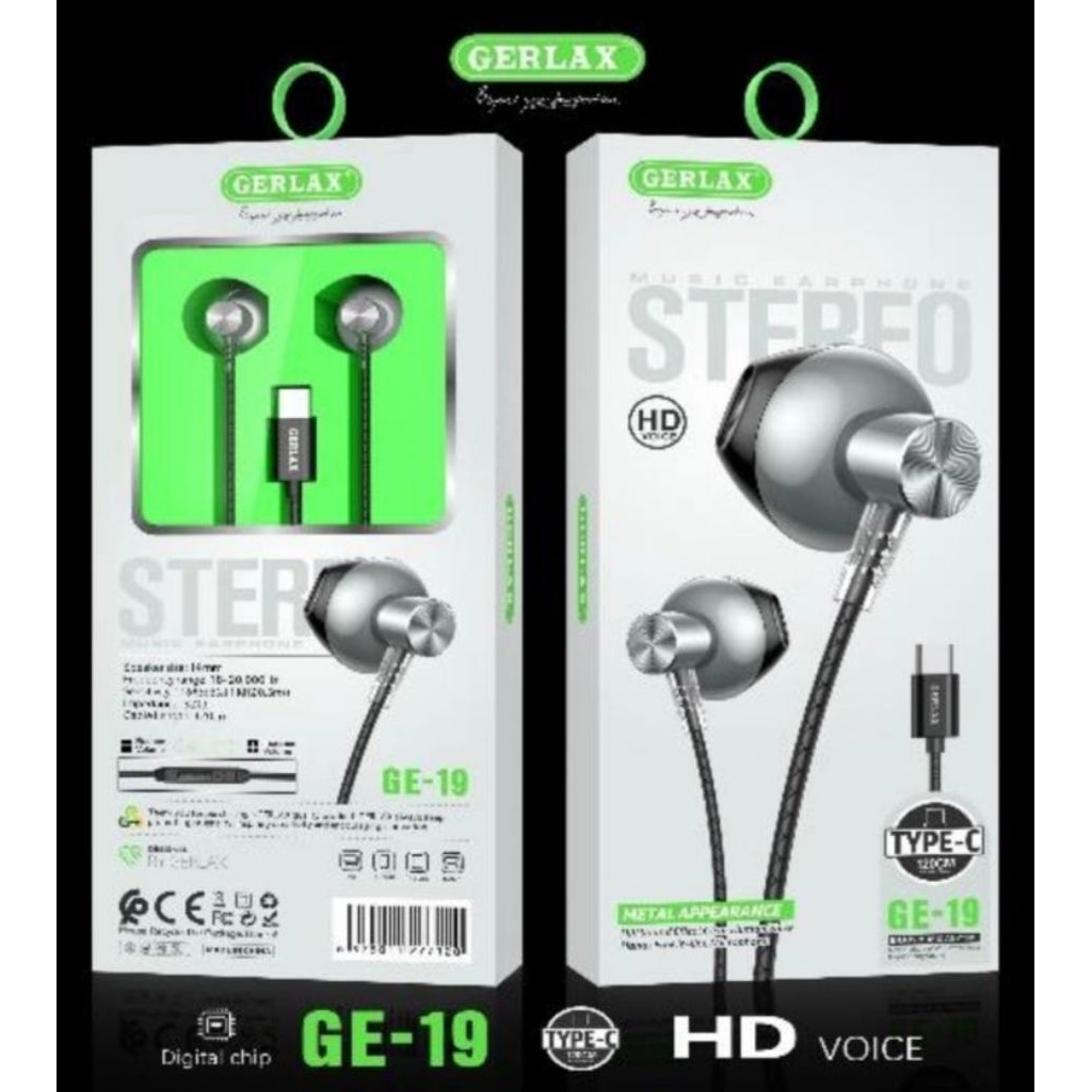 GERLAX EARPHONE KABEL TYPE C HD VOICE STEREO 120CM GE-19