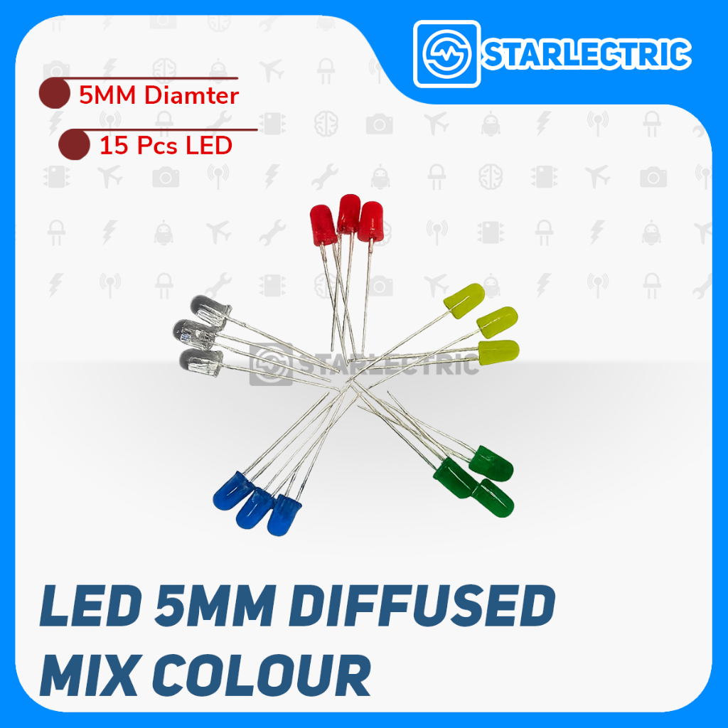 LED 5MM Difussed 5 MM Lampu LED Kecil 5 Warna Merah Kuning Hijau Biru Putih 15 Pcs
