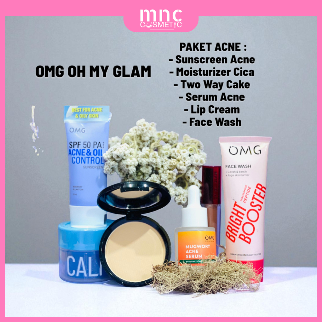 PAKET ACNE OMG Sunscreen Acne | Moisturizer Cica | Two Way Cake | Serum Acne | Lip Cream | Face Wash