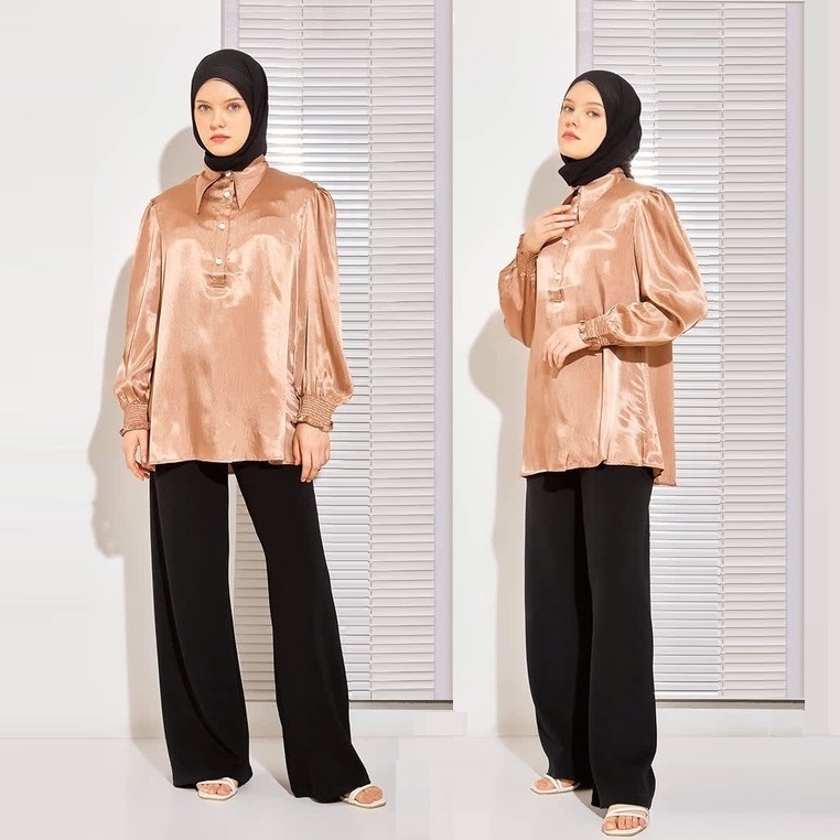Chics.id Azela Blouse Brown Silk / Blouse Wanita Cokelat / Atasan Wanita / Hijab Wudhu Friendly