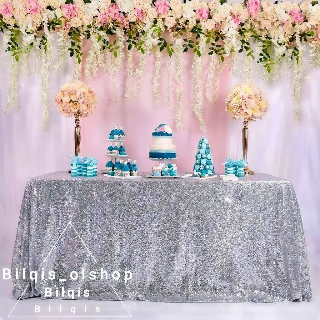 Cover Meja Pesta Kain Sequin Silver Bisa Request Ukuran Cover Meja Premium
