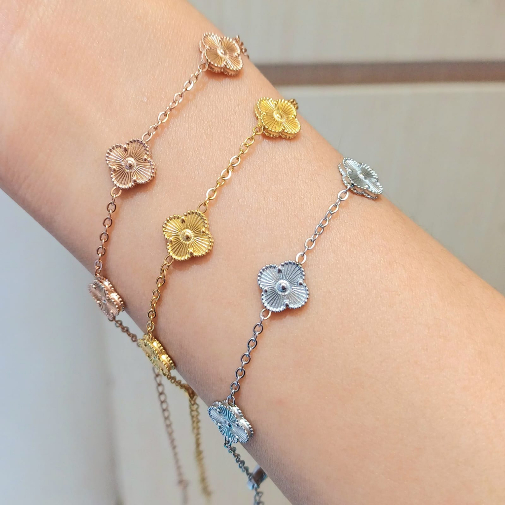 Perhiasan Gelang Clover Titanium Anti Karat - Gelang Tangan Bunga Clover - Gelang Titanium Clover