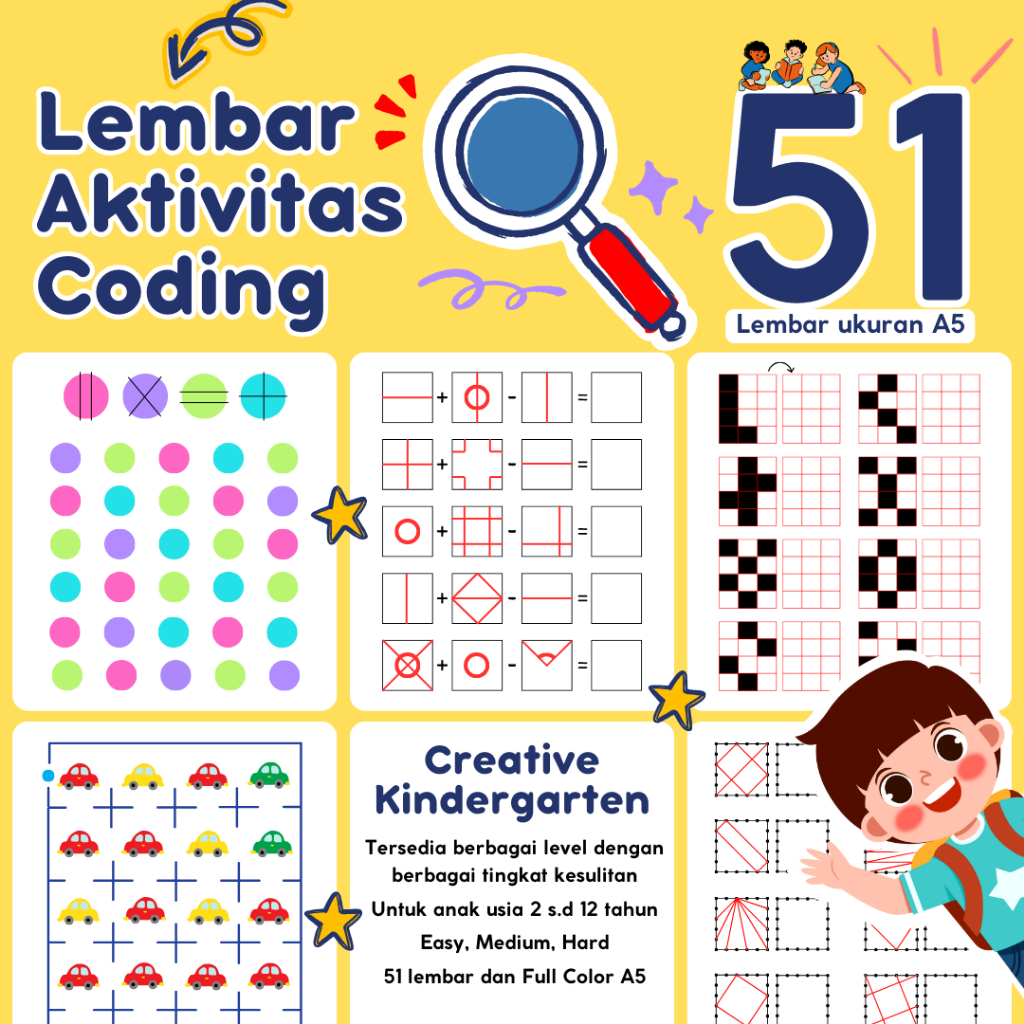 51 Lembar Kertas Aktivitas Koding Anak 2-12 Tahun / Worksheet Coding HVS A5 / Coding Activities for 
