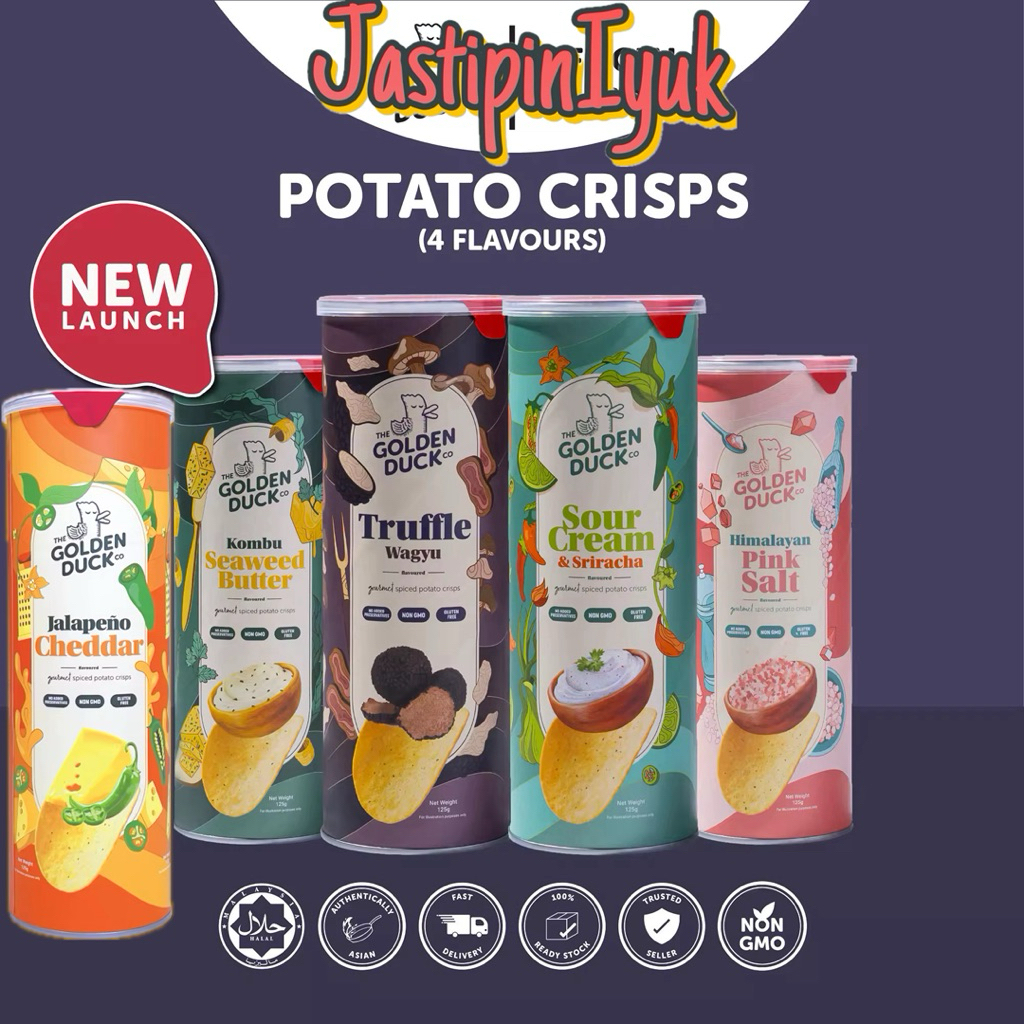 

[READY 18 September 2025] The Golden Duck Gourmet Kerepek Kentang Berperisa Canister 125g (Truffle Wagyu / Mentaga Kombu Rumpai Laut /Krim Masam & Sriracha / Himalayan Pink Salt) snek