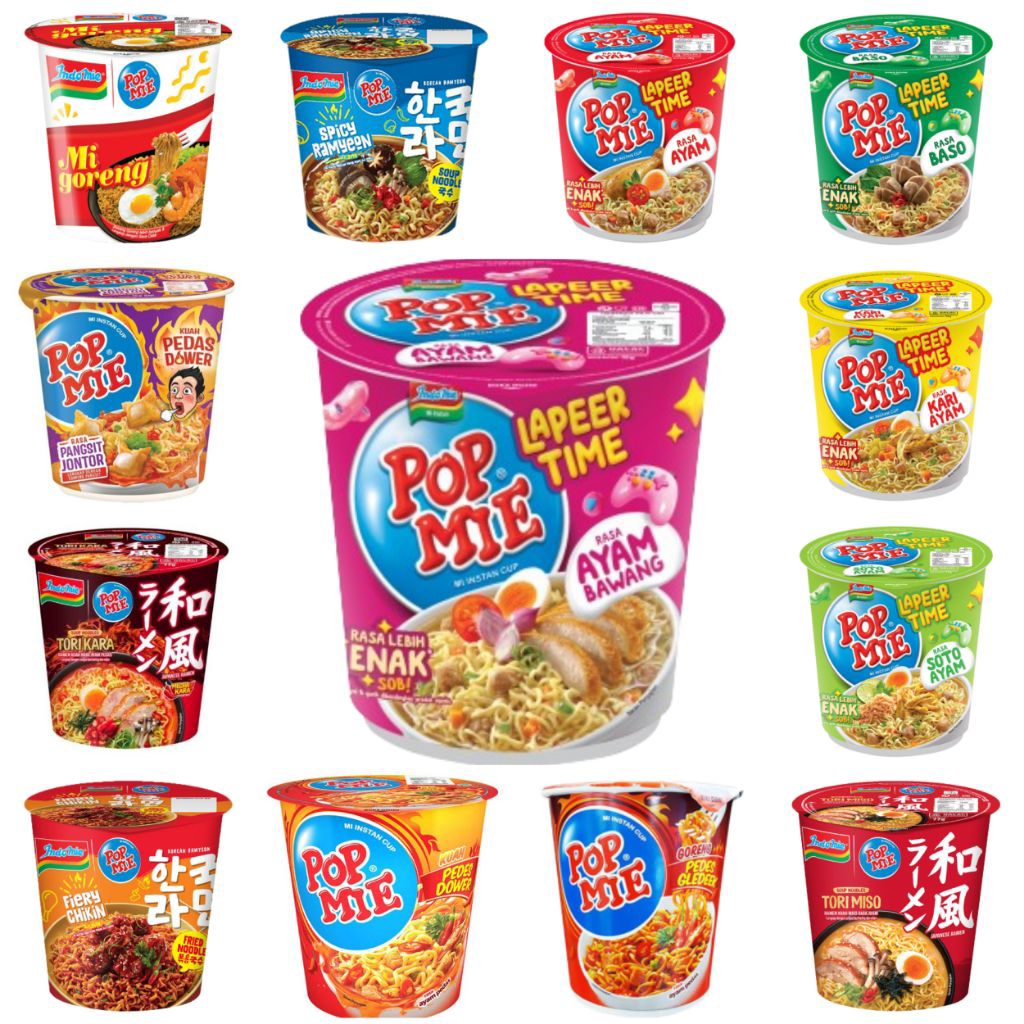 

Pop Mie Mi Instan Cup Rasa Soto Ayam , Tori Kara , Pedas Dower , Ayam , Pedes Gledek , Baso , Pangsit Jontor , Fiery Chikin , Mi Goreng , Spicy Ramyeon , Soto Ayam , Kari Ayam , Ayam Bawang , Tori Miso
