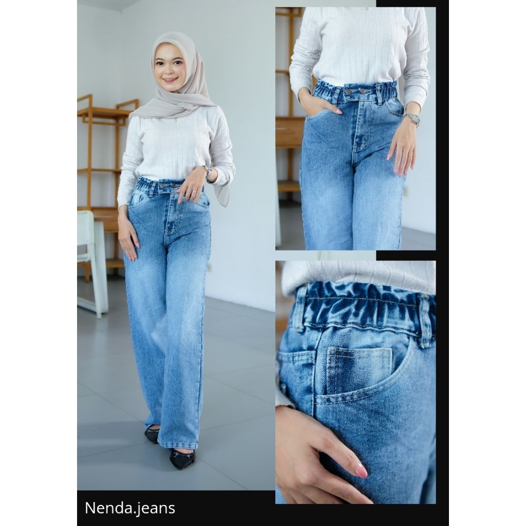 CELANA KULOT JEANS HIGHWAIST – Pinggang Karet Kancing 2-celana jeans wanita