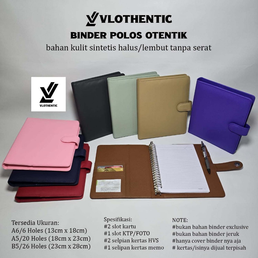 

Binder Polos Warna OTENTIK Kulit Sintetis Terlaris. Tersedia Ukuran A6/6 holes, A5/20 holes & B5/26 holes