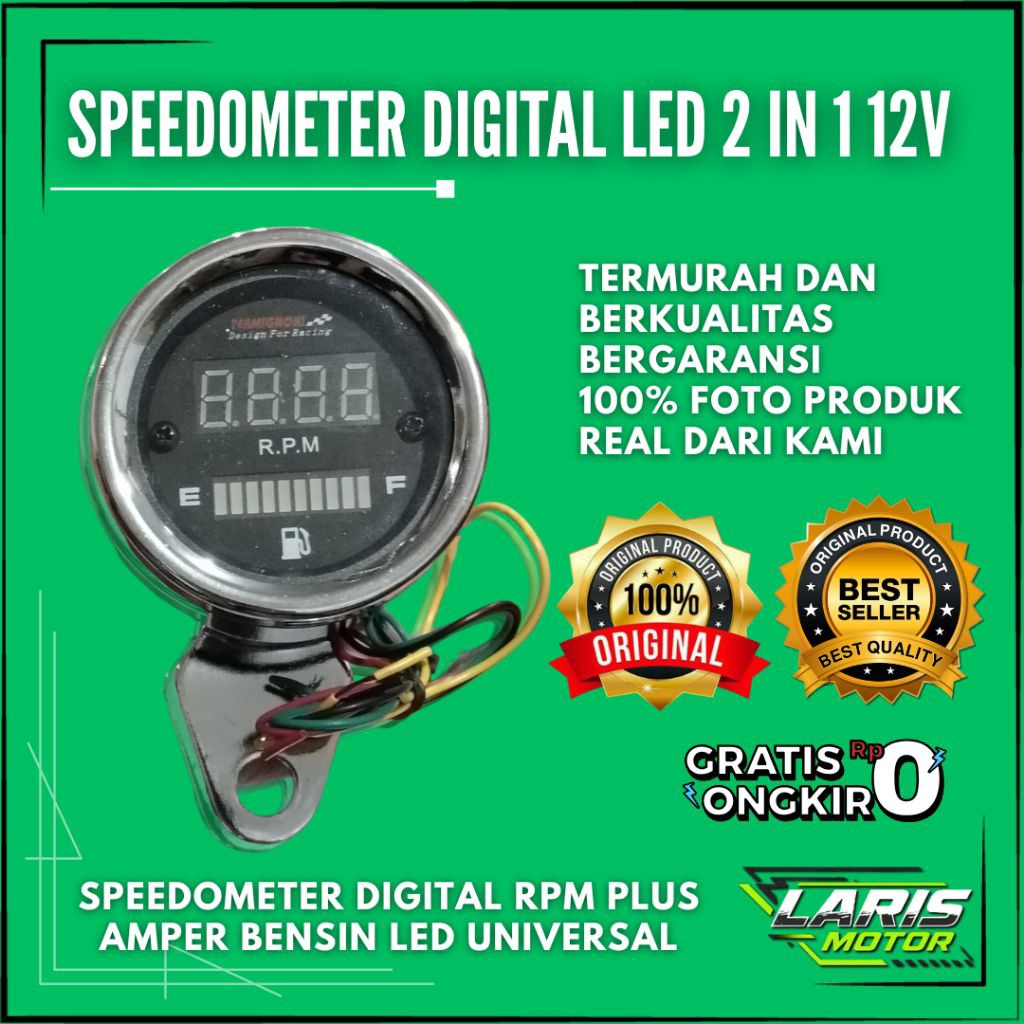 Speedometer Digital Motor LED 12V Universal RPM + Indikator Bensin Berkualitas