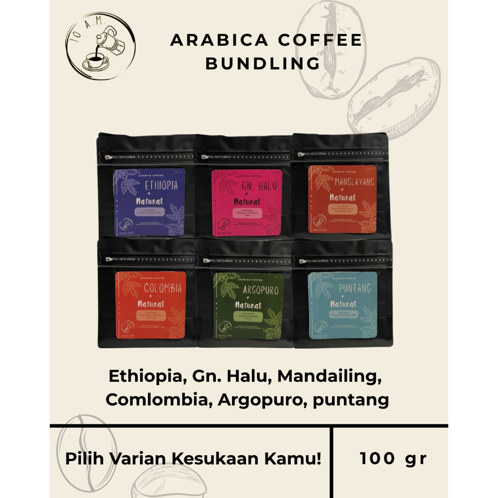 

10AM Roastery - Kopi Arabika Natural Bundling 100 Gram - Ethiopia, Gn. Halu, Mandailing, Comlombia, Argopuro, Puntang