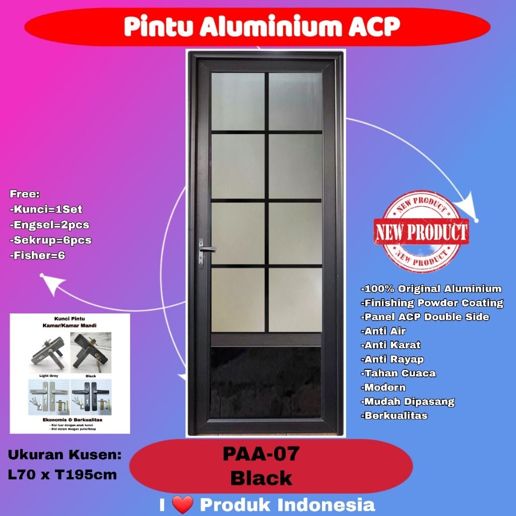 Pintu Full Alumunium Modern-PPA 07-3/4 Kaca Es 5 mm-Ornamen-Hitam