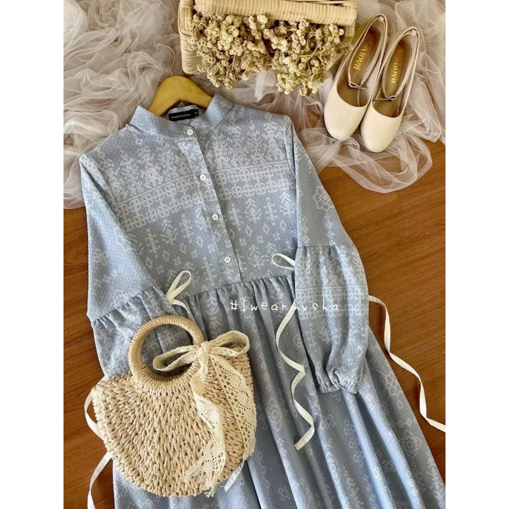 LITTLE KALILA : POWDER BLUE Gamis Motif Etnic Korean Dress SIZE S M L XL Mysha Iwearmysha