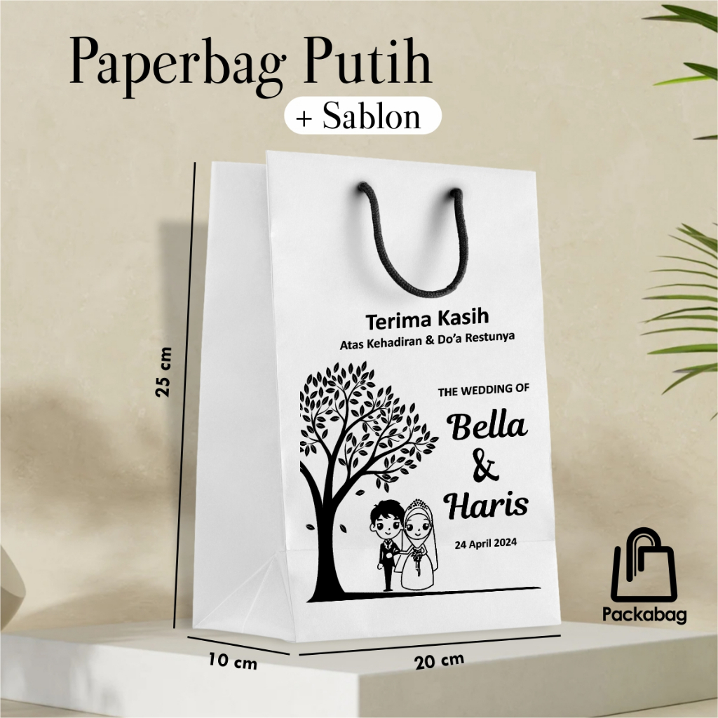 

Paper Bag Putih Sablon Custom Premium Minim 100 Pcs - Tas Souvenir Pernikahan Mewah & Aesthetic