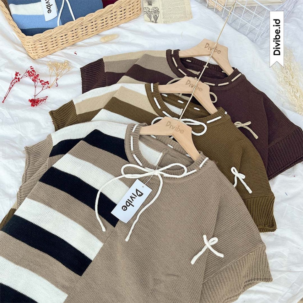 Eris Vest Knit - Rajut Atasan Wanita - Motif Batwing Garis Pita