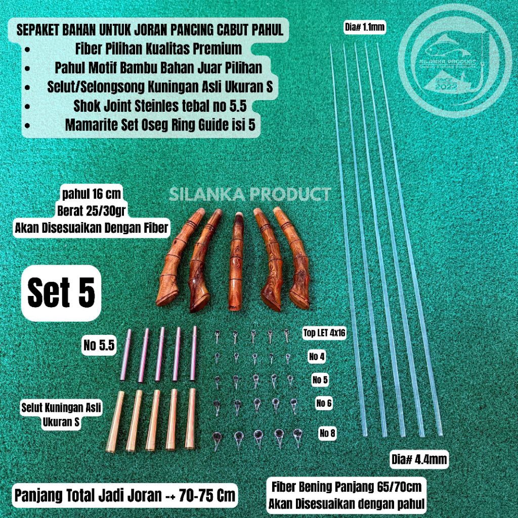 Sepaket Bahan u/Joran Pancing Cabut Pahul Selut kuningan asli, U/Jerpon 70-75cm fiber Bening