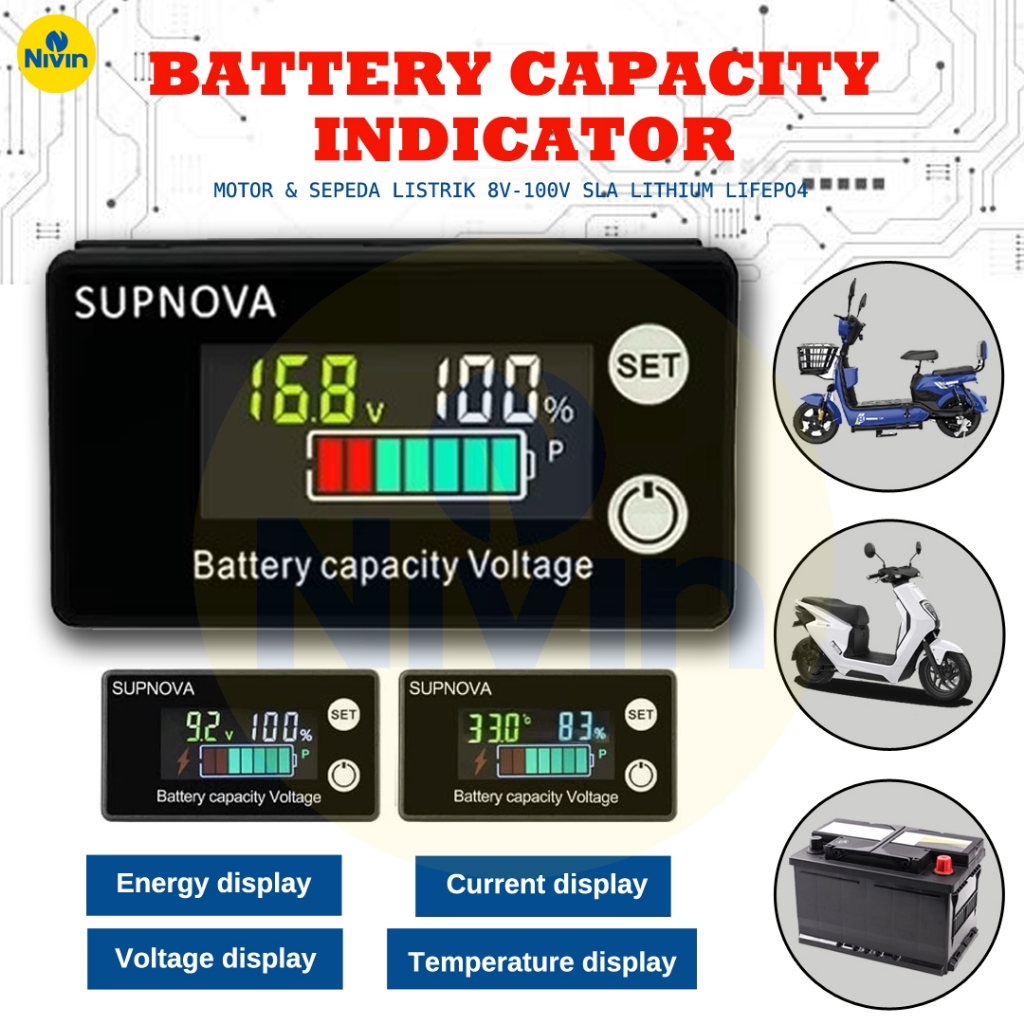 Supnova Battery Capacity Voltage Motor dan Sepeda Listrik 8V - 100V Lithium/ Voltmeter Indikator Lev