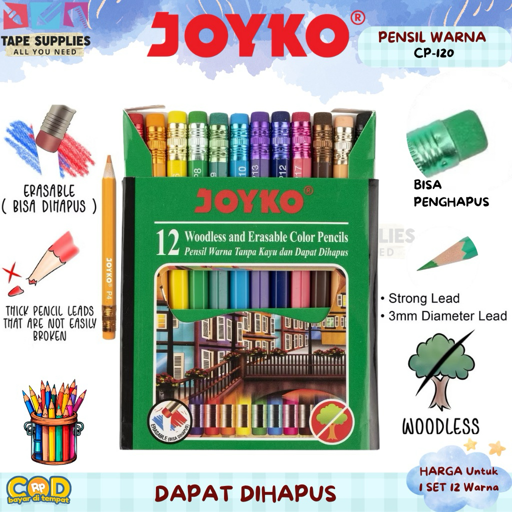 

(12 WARNA PENDEK) JOYKO Pensil Warna CP-120 Woodless Erasable Bisa Dihapus 12 Warna