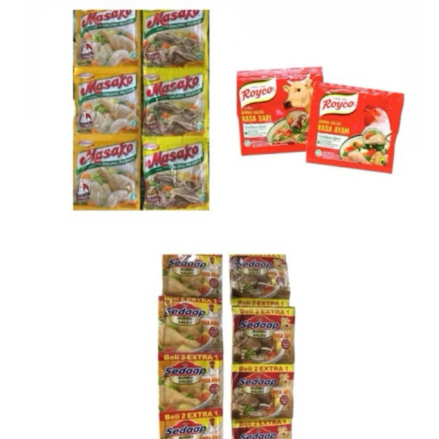 

Kaldu Bubuk Masako,Royko,Sedaap 1 renceng isi 12pcs rasa ayam dan sapi/masako ayam&sapi/Royko Ayam&Sapi/Sedaap Ayam&Sapi