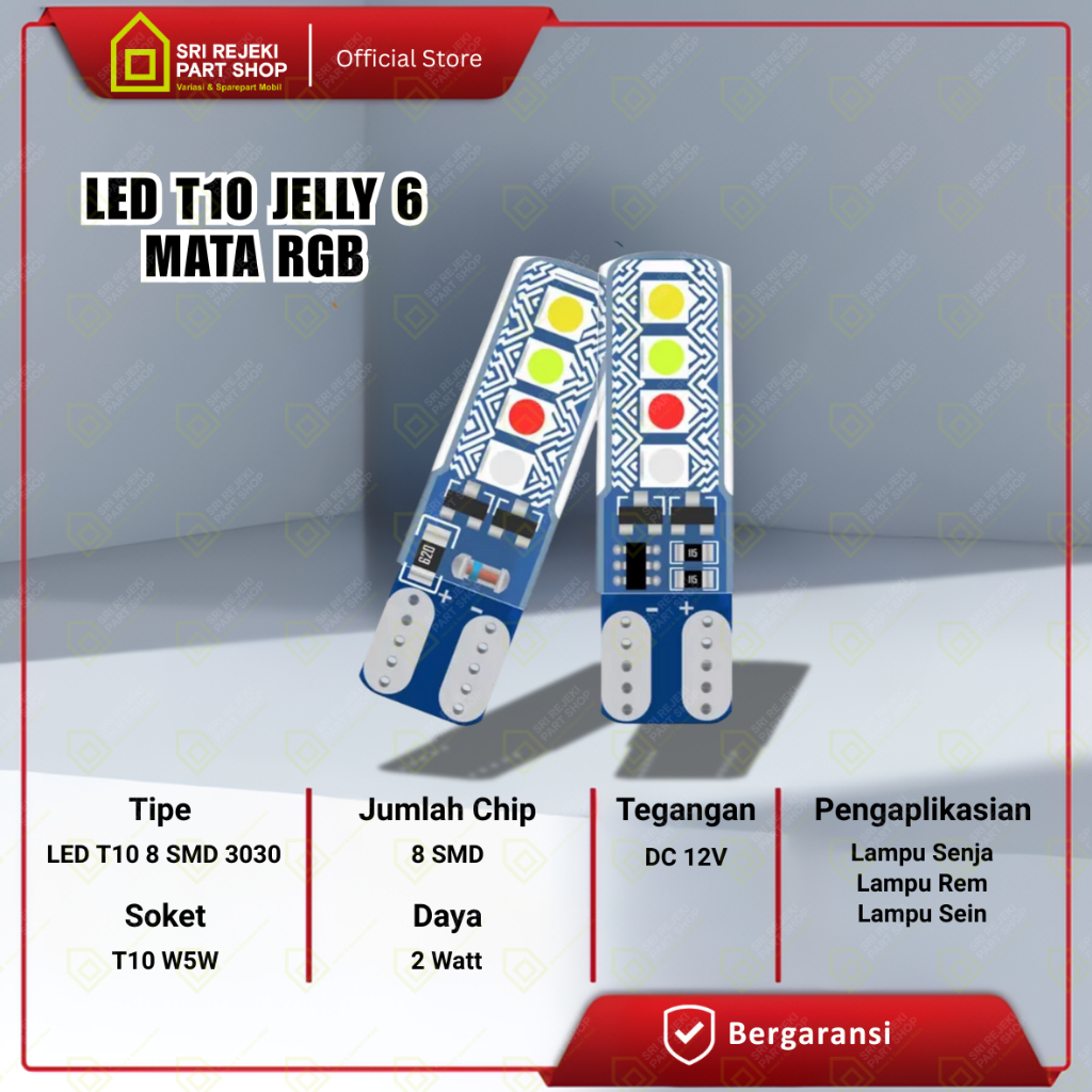 (1Pcs) Lampu LED RGB Soket T10 Gel Jelly 4 Warna Lampu Senja Lampu Rem Sein Motor Mobil 12V