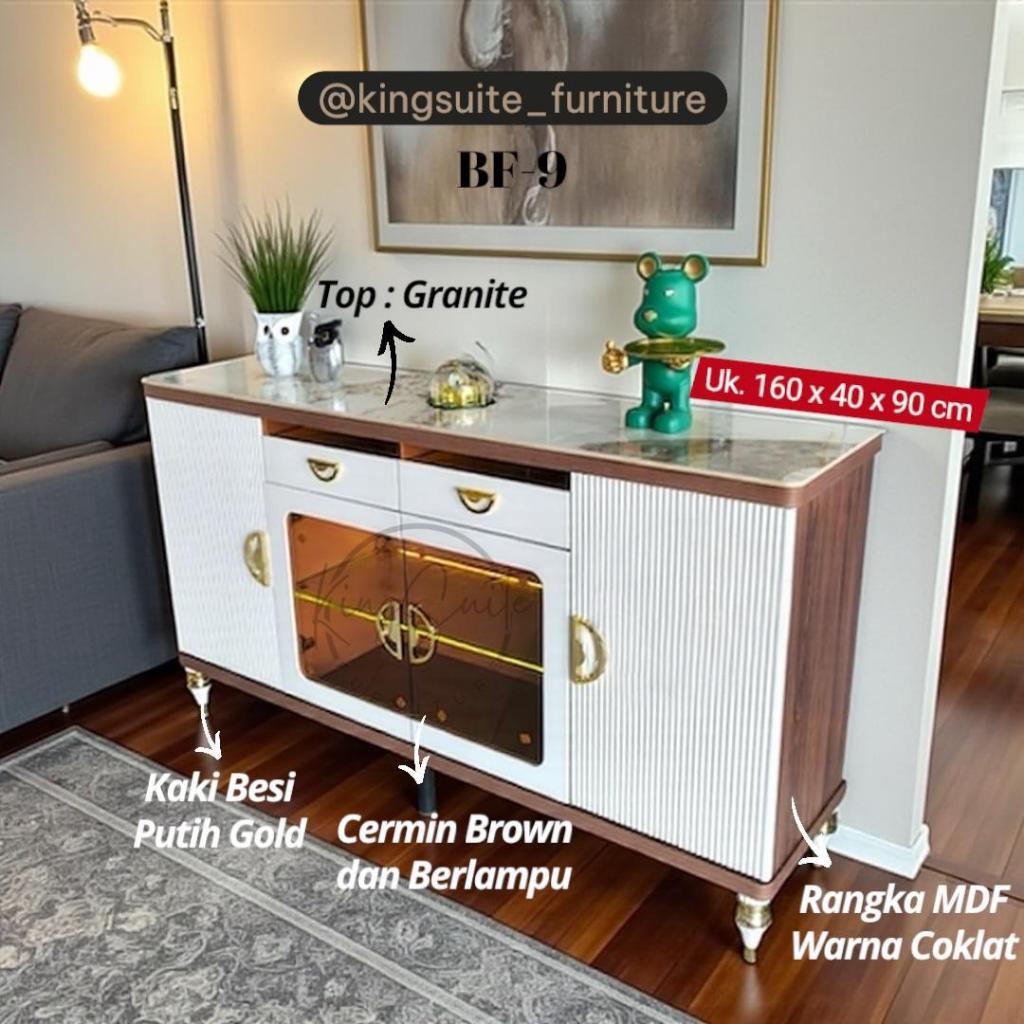 KSF TON | Buffet Minimalis Modern Top Granite 4 Pintu 2 Pintu Kaca Kuning 2 Laci Kaki Besi Gold