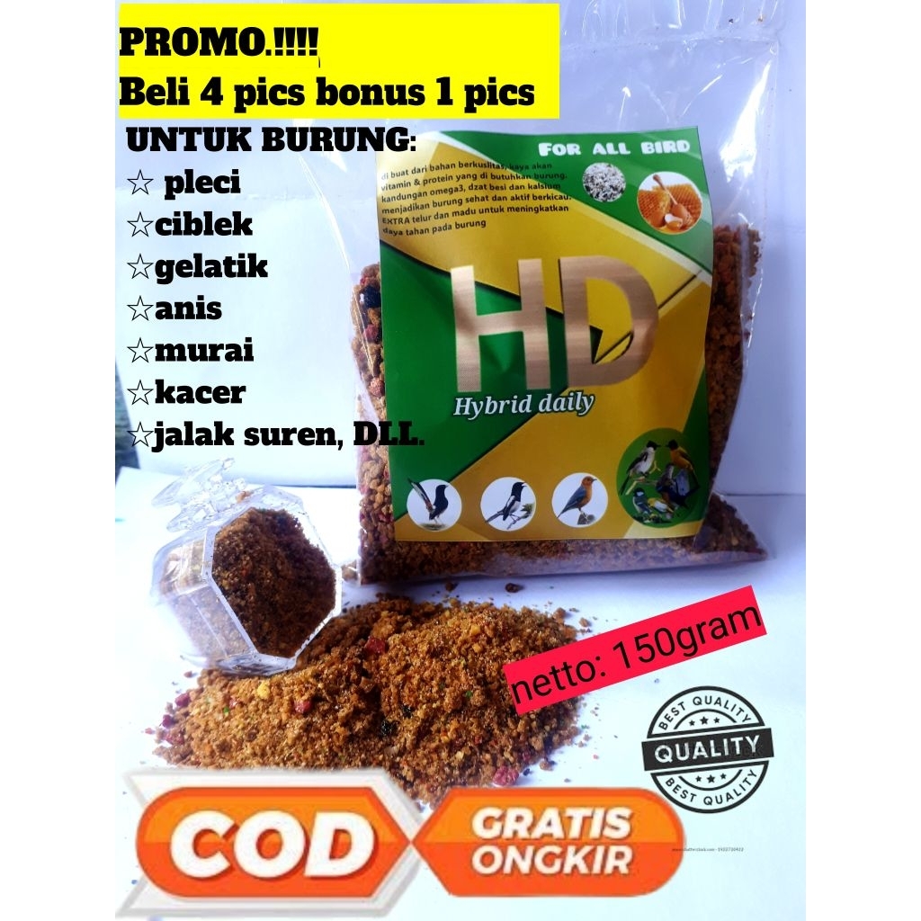 voer HD hybrid daily, pur berprotein tinggi, Extra telur dan madu. untuk burung pleci, ciblek, glati