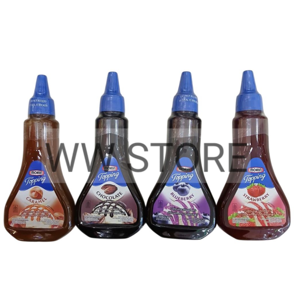 

Saus toping rasa buah stroberi bluberi karamel coklat cokelat halal MUI mORIn Topping BLUEBERRY STRAWBERRY CARAMEL CHOCOLATE flavour flavor botol bottle 310g