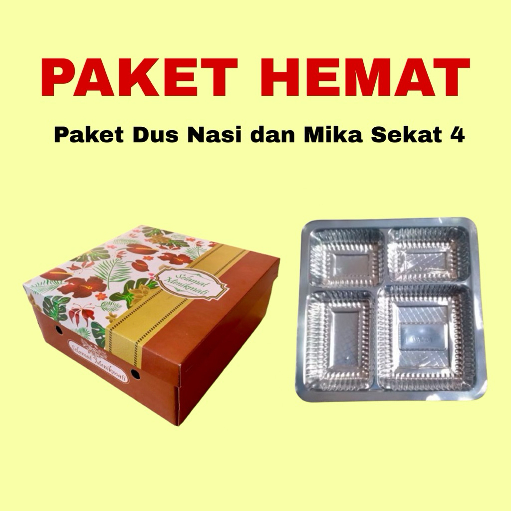 

100 Pcs Paket Dus Nasi dan Mika Makanan || Kardus Nasi Uk 18x18x7 || Mika Sekat 4 ||
