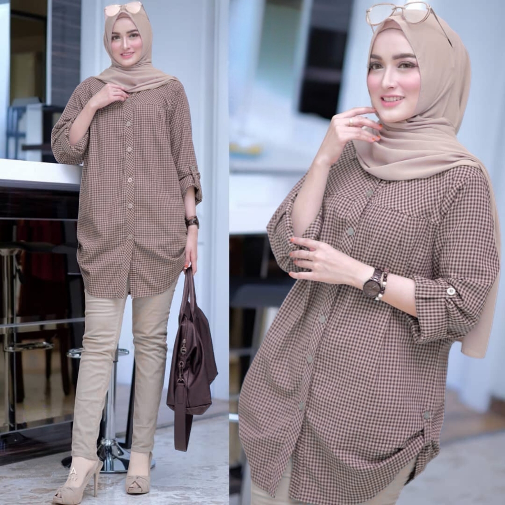 Dinda Tunik Kotak Katun Fashion Wanita Muslimah Lengan Panjang Kancing Depan Casual XL