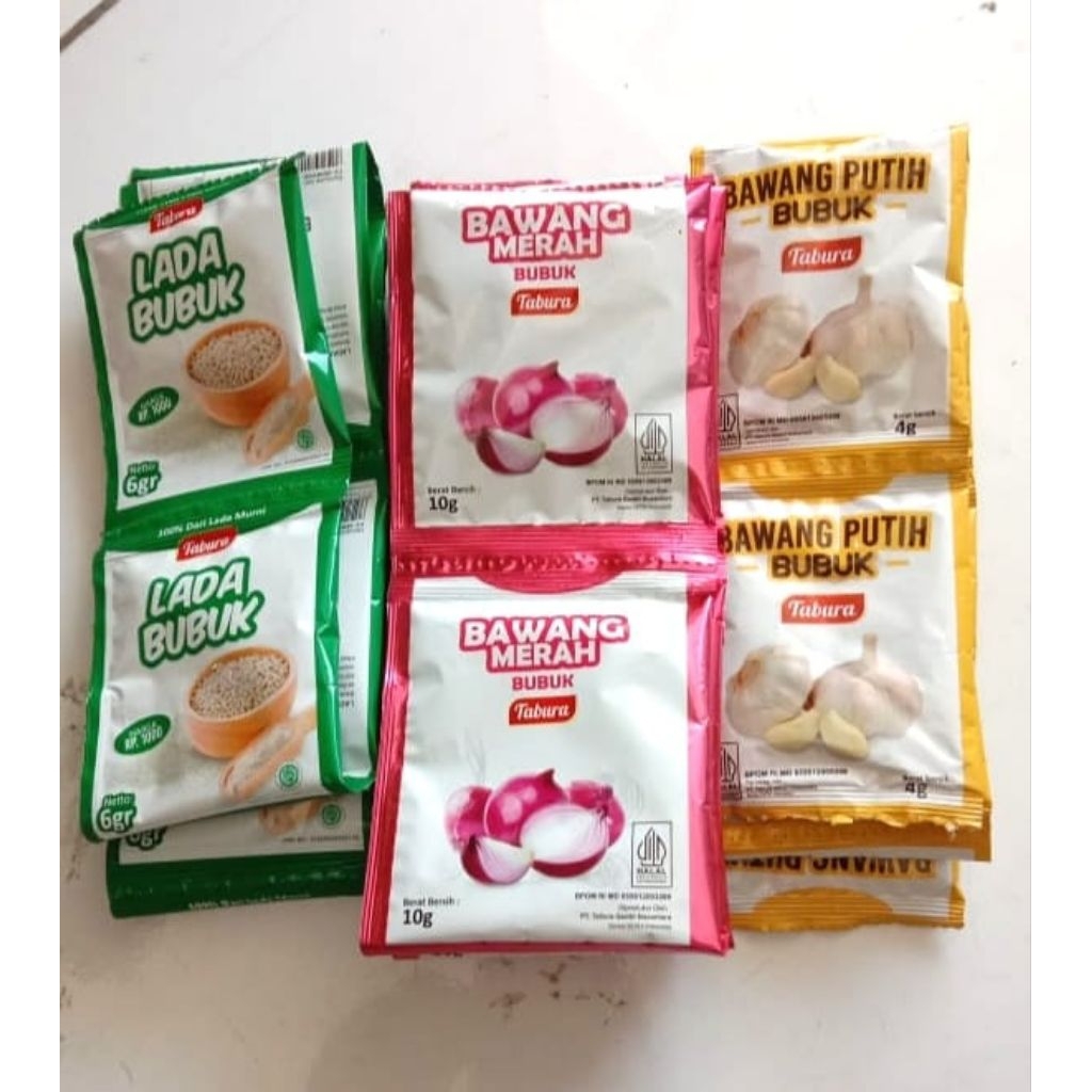 

lada bubuk bawang merah bubuk bawang putih bubuk merk tabura satu renceng isi 10
