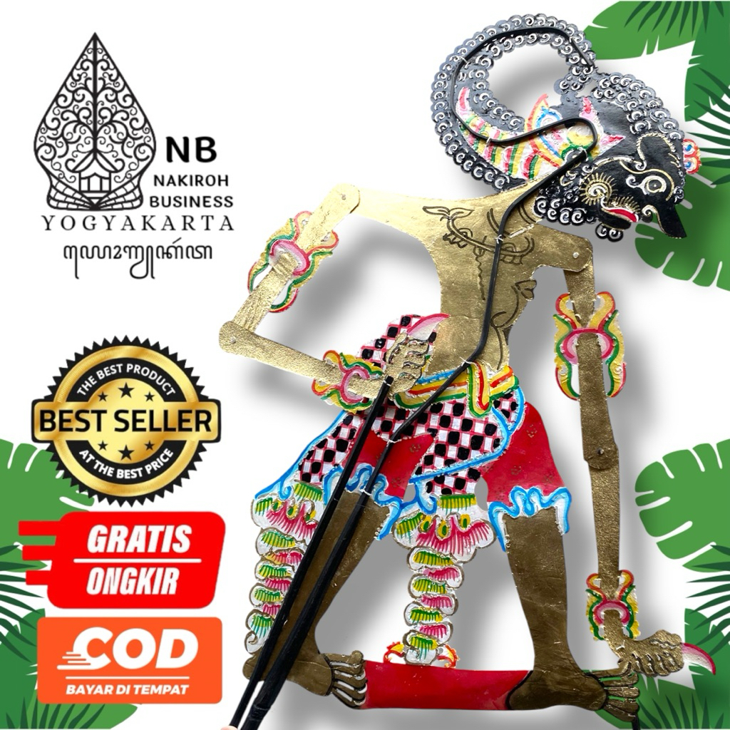 NAKIROHBUSINESS Wayang Kulit Sapi ASLI Bima Werkudara Emas Standar Pedalangan Jogja Tinggi 60cm