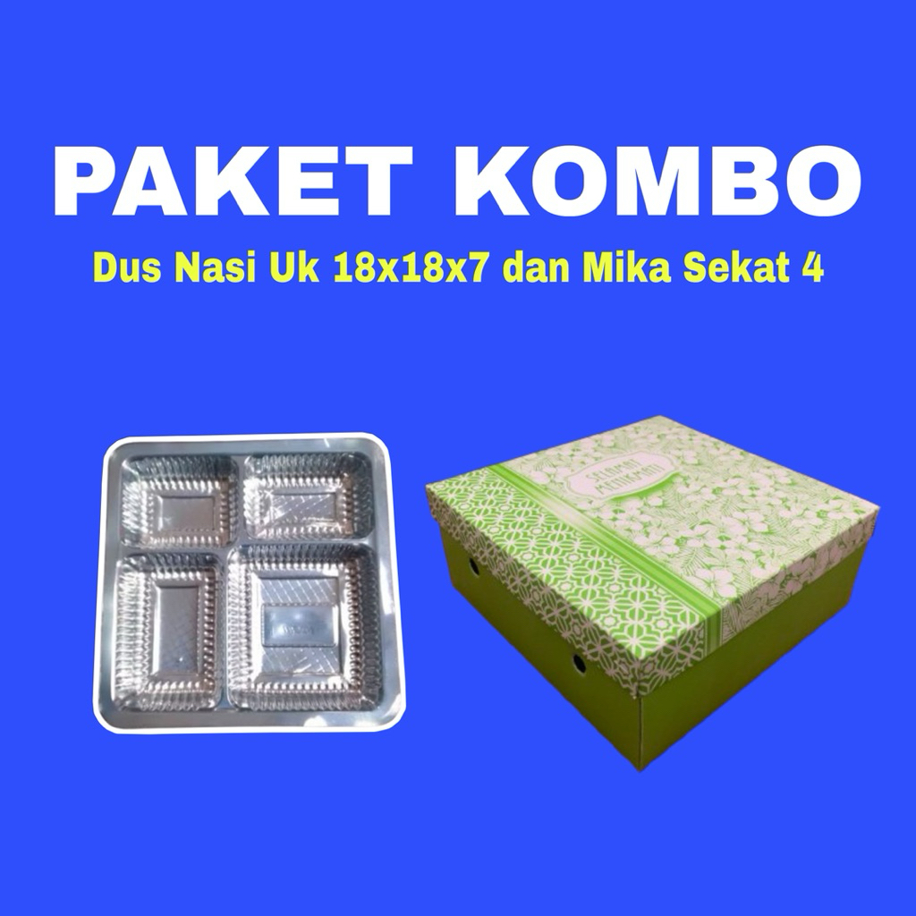 

100 Pcs Paket Dus Nasi/Kue uk 18x18x7 dan Mika Sekat 4 | Kardus Nasi Motif |