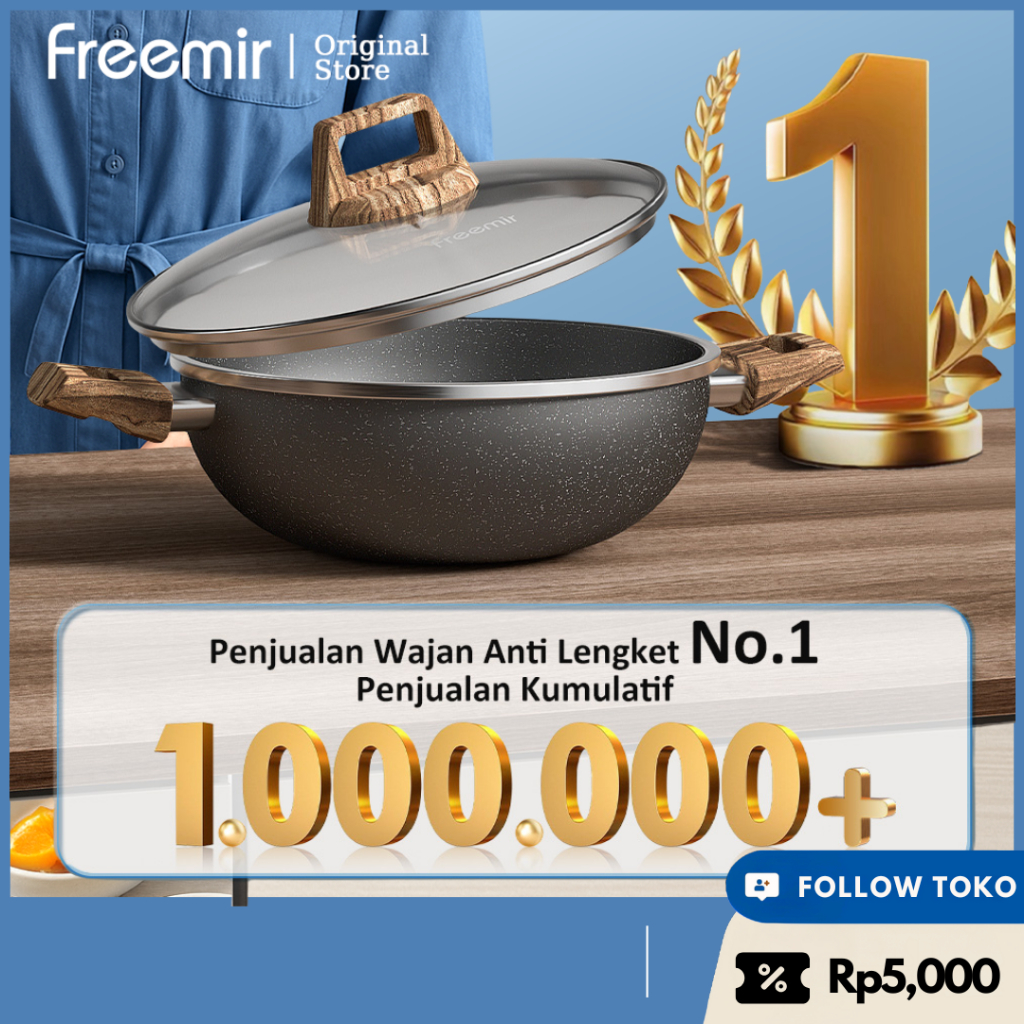 freemir Wajan Panci Kuping 24 CM Anti Lengket Woody Marble Tutup Kaca