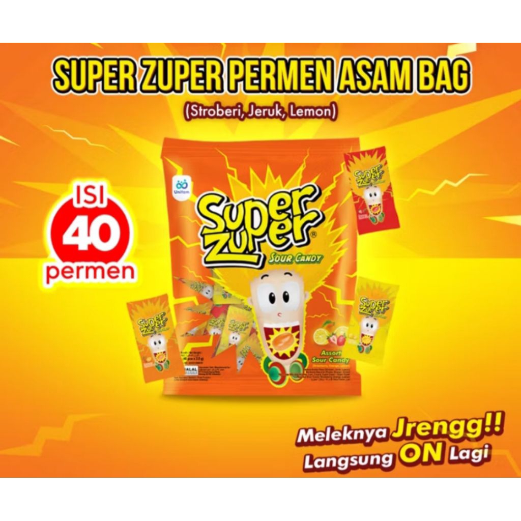 

Permen Super Zuper Candy Bag (40pcs) - Permen Asam Rasa Stroberi, Lemon & Jeruk / Permen Jadul 90an / Permen Jadul Unik / Permen Assorted Sour Candy / Super Super Permen Asam / Permen Aneka Rasa Asem Manis Nano Nano / Permen Asem / Permen Asam Enak