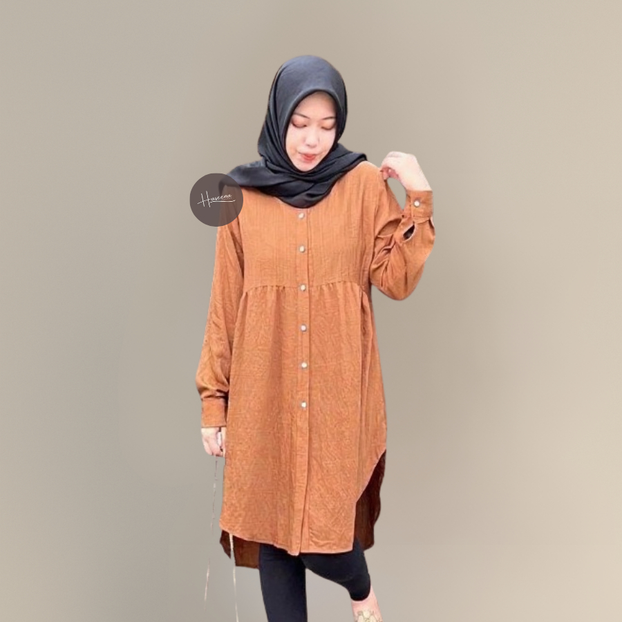 Haseena Tunik Rania Polo Linen Polos Lengan Panjang Variasi Belakang