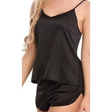 Setel Piyama Wanita Bahan Ice Silk - Atasan Vest V-Neck Renda + Celana Pendek Tanpa Lengan untuk Rum