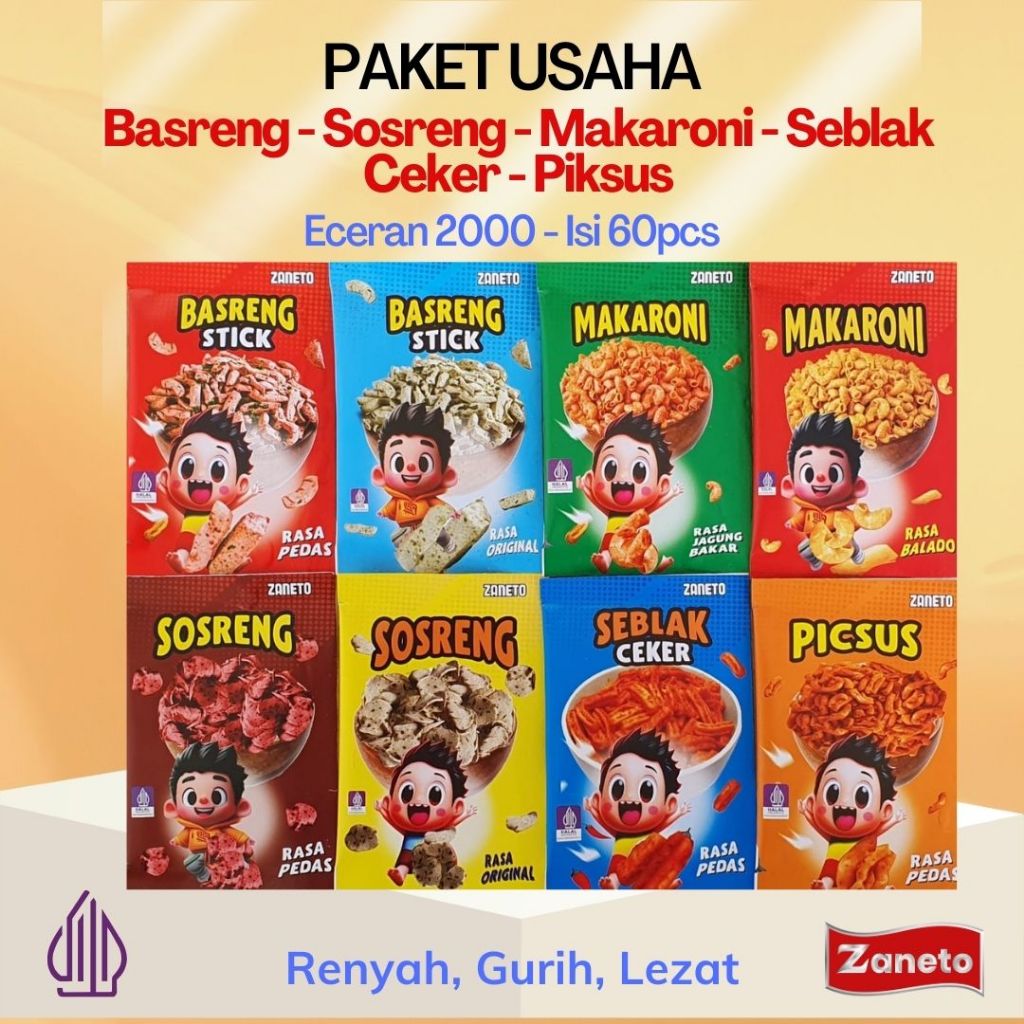 

Berhadiah Langsung - Paket Usaha 40pcs - Basreng/Sosreng/Makaroni/Piksus/Seblak Ceker - Eceran 2000