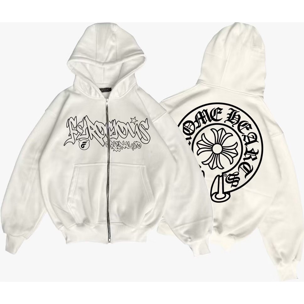 Jaket Hoodie Sweatshirt Boxy Chrome Heart White Fleece Unisex Limited Offer High Quality Full Tag & 