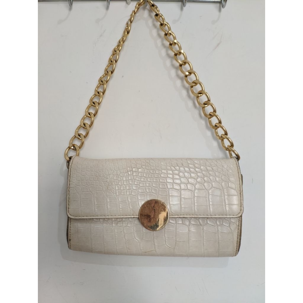 Tas Pesta Shoulder Bag Kulit Putih White Rantai Gold Chain Cewek Wanita
