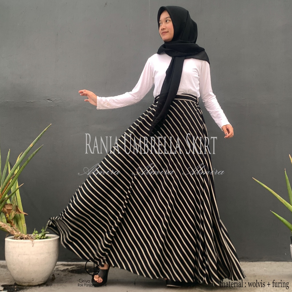 Rok Panjang Wanita Payung Rania Stripe Umbrella Skirt Motif Garis Salur Rok Flare Rok Motif Garis