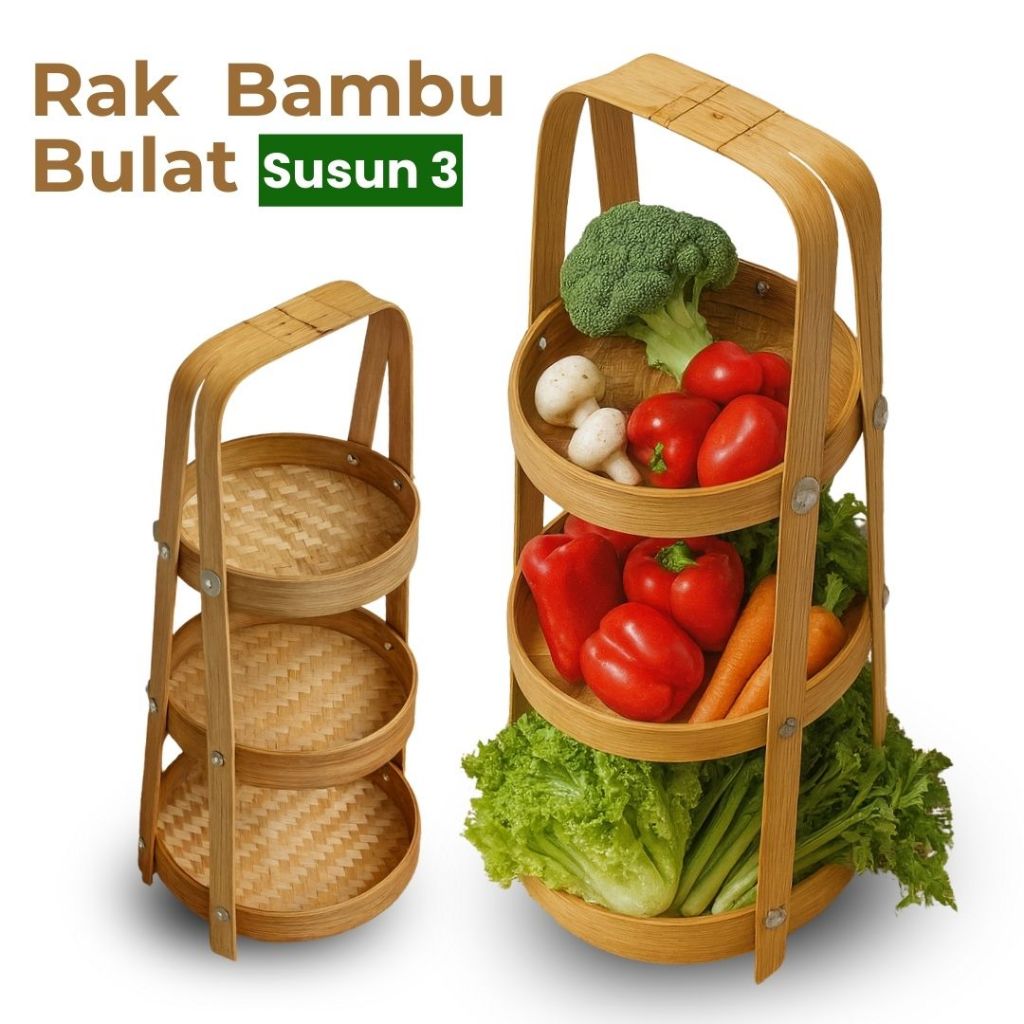 Rak Bawang Bulat Bambu Susun 3 Rak Serbaguna Anyaman Bambu 3 Susun  untuk Penyimpanan Sayur dan Buah