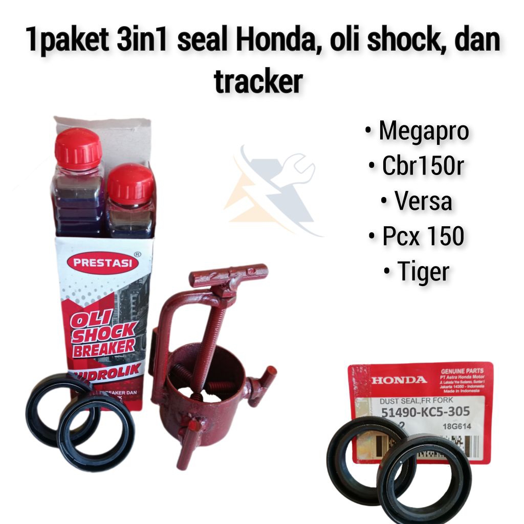 1paket 3in1 tracker shock depan, oli shock, dan seal shock depan Honda megapro, cbr150r, pcx150, ver