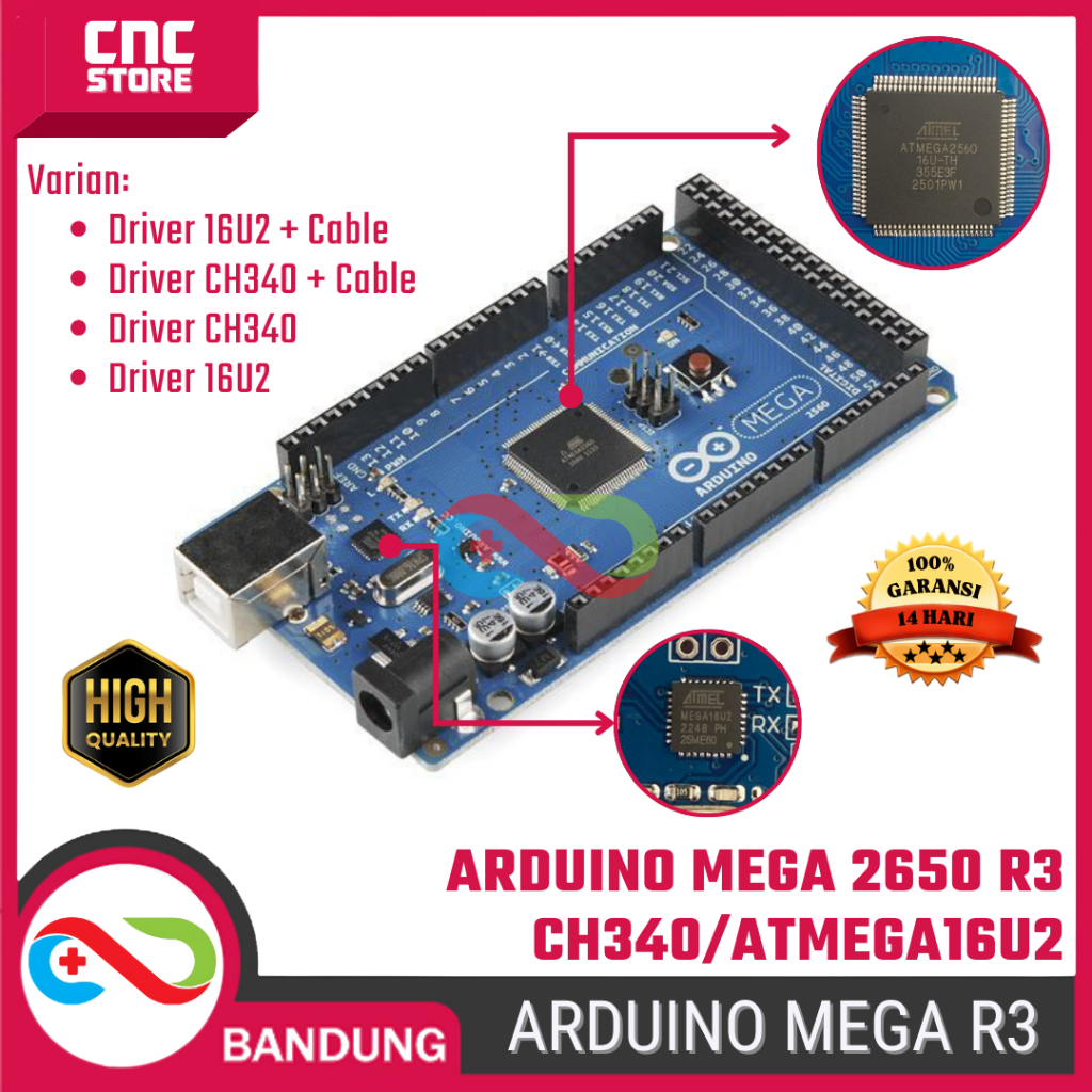 Arduino Mega 2560 R3 Development Board – CH340/ATmega16U2 + USB Cable – Kompatibel Proyek Robotik & 