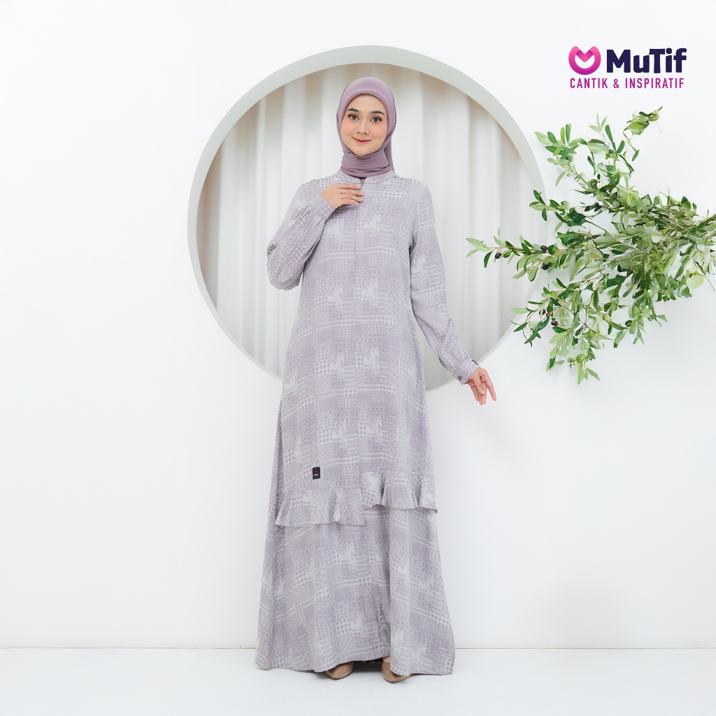 MUTIF - Thara Gamis Wanita Dewasa Bahan Jacquard Ungu Purple Grey Motif Geometris Busui Wudhu Friend