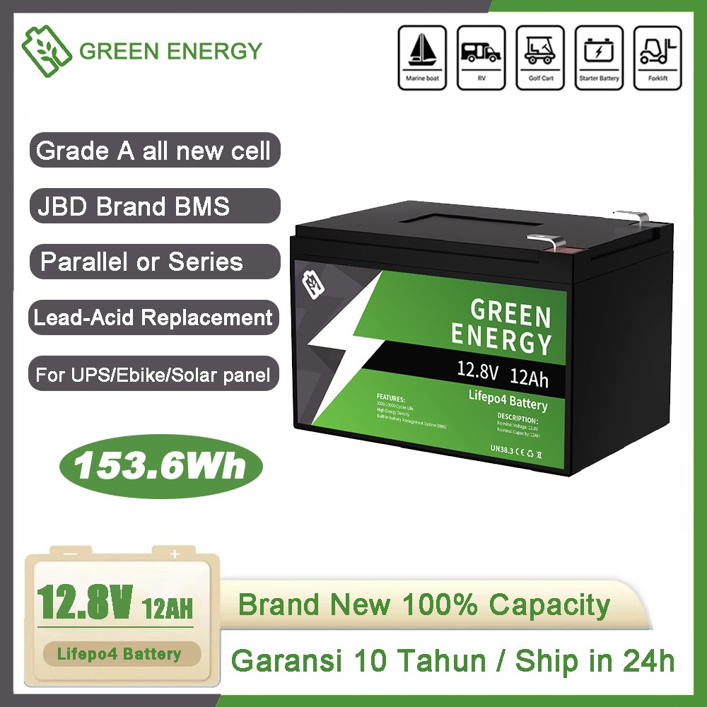 Lifepo4 Baterai Litium 12V12AH with 15A BMS, Lifepo4 Battery 12v 100ah/50ah/30ah GREEN ENERGY